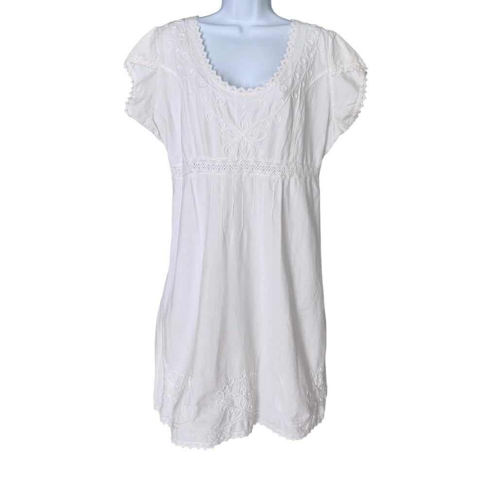 Vintage Peruvian White Embroidered Cotton Mini Dress Women’s Medium Boho Peasant